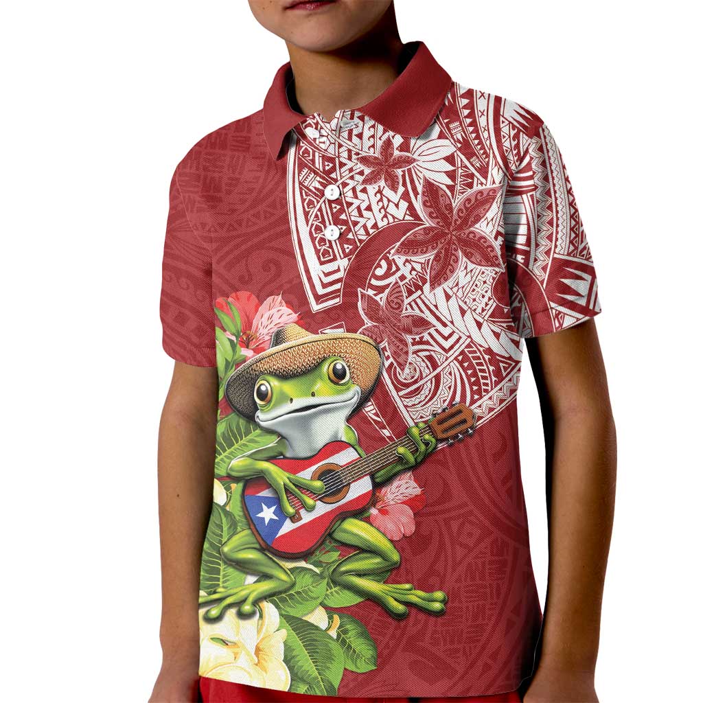 Puerto Rico Coqui Frog Kid Polo Shirt Tropical Flowers Polynesian Style - Polynesian Pride