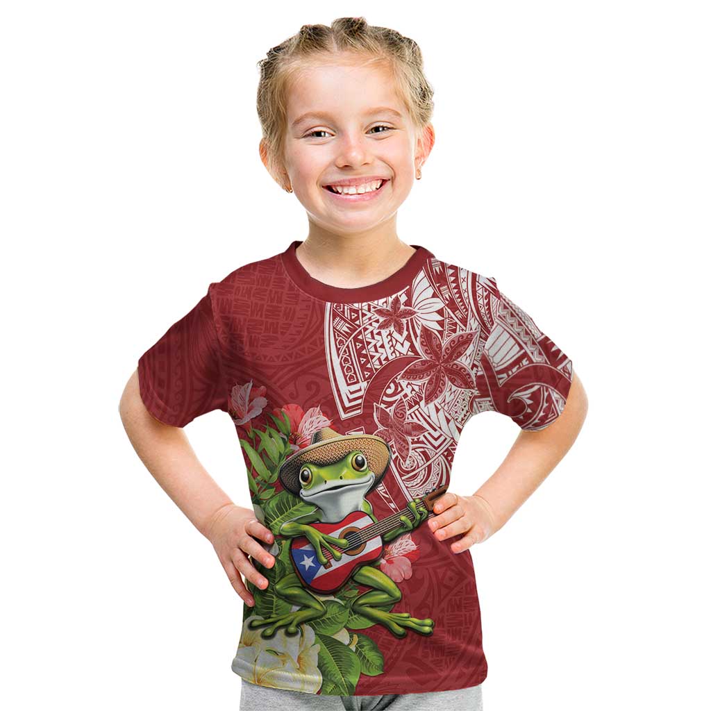 Puerto Rico Coqui Frog Kid T Shirt Tropical Flowers Polynesian Style LT05 Red - Polynesian Pride