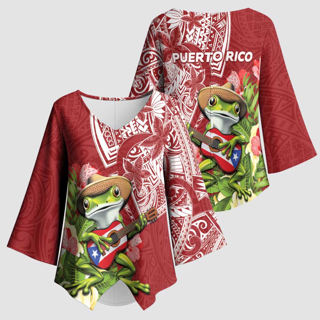 Puerto Rico Coqui Frog Kimono Sleeve Blouse Tropical Flowers Polynesian Style - Polynesian Pride