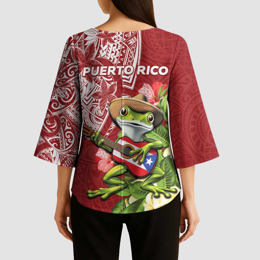 Puerto Rico Coqui Frog Kimono Sleeve Blouse Tropical Flowers Polynesian Style - Polynesian Pride