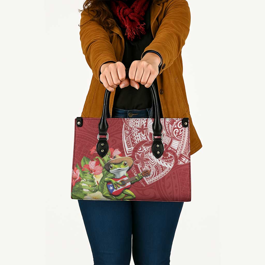 Puerto Rico Coqui Frog Leather Bag Tropical Flowers Polynesian Style - Polynesian Pride