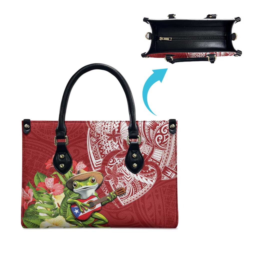 Puerto Rico Coqui Frog Leather Bag Tropical Flowers Polynesian Style - Polynesian Pride