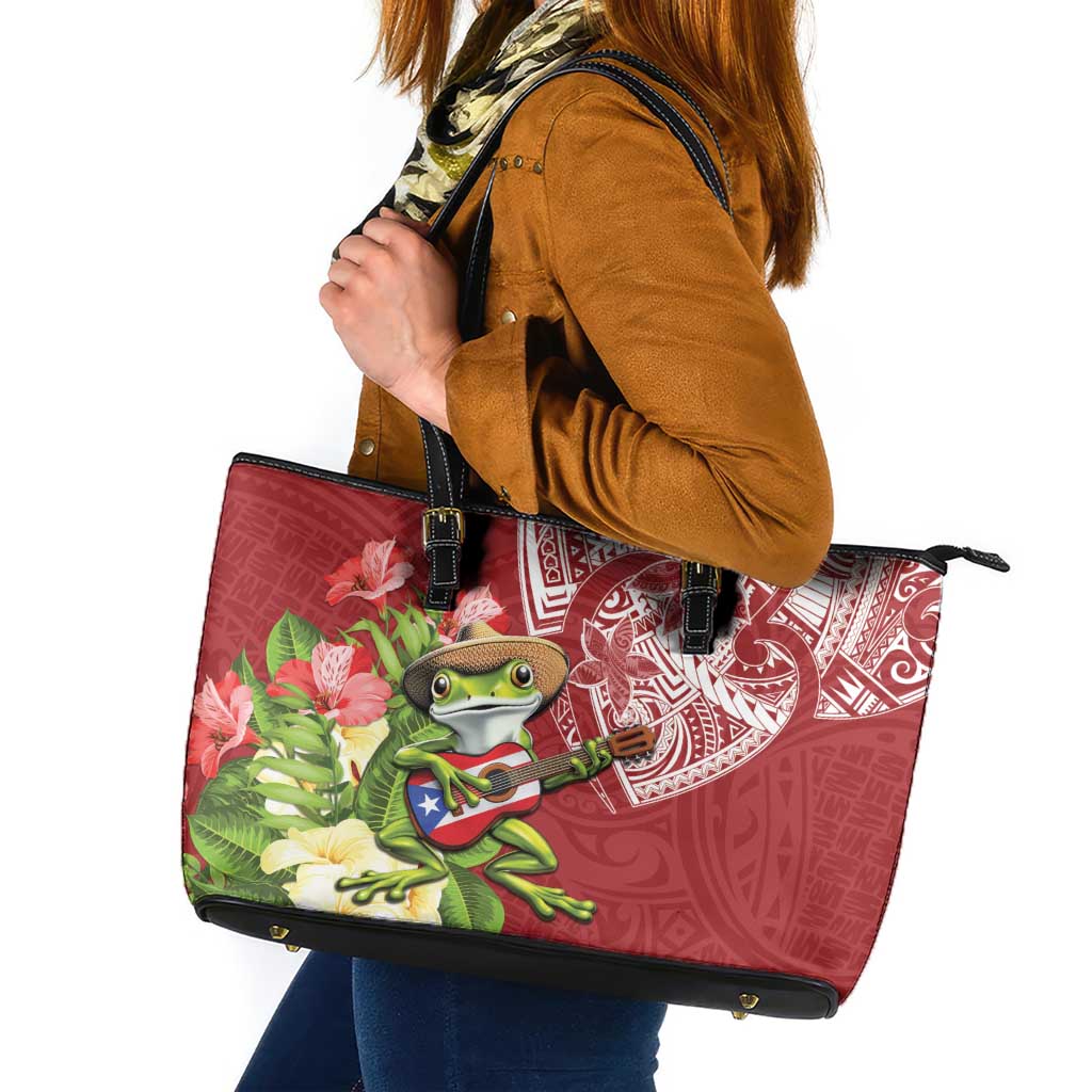 Puerto Rico Coqui Frog Leather Tote Bag Tropical Flowers Polynesian Style LT05 Red - Polynesian Pride