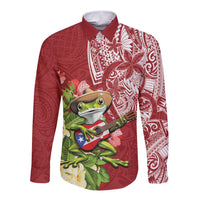 Puerto Rico Coqui Frog Long Sleeve Button Shirt Tropical Flowers Polynesian Style - Polynesian Pride