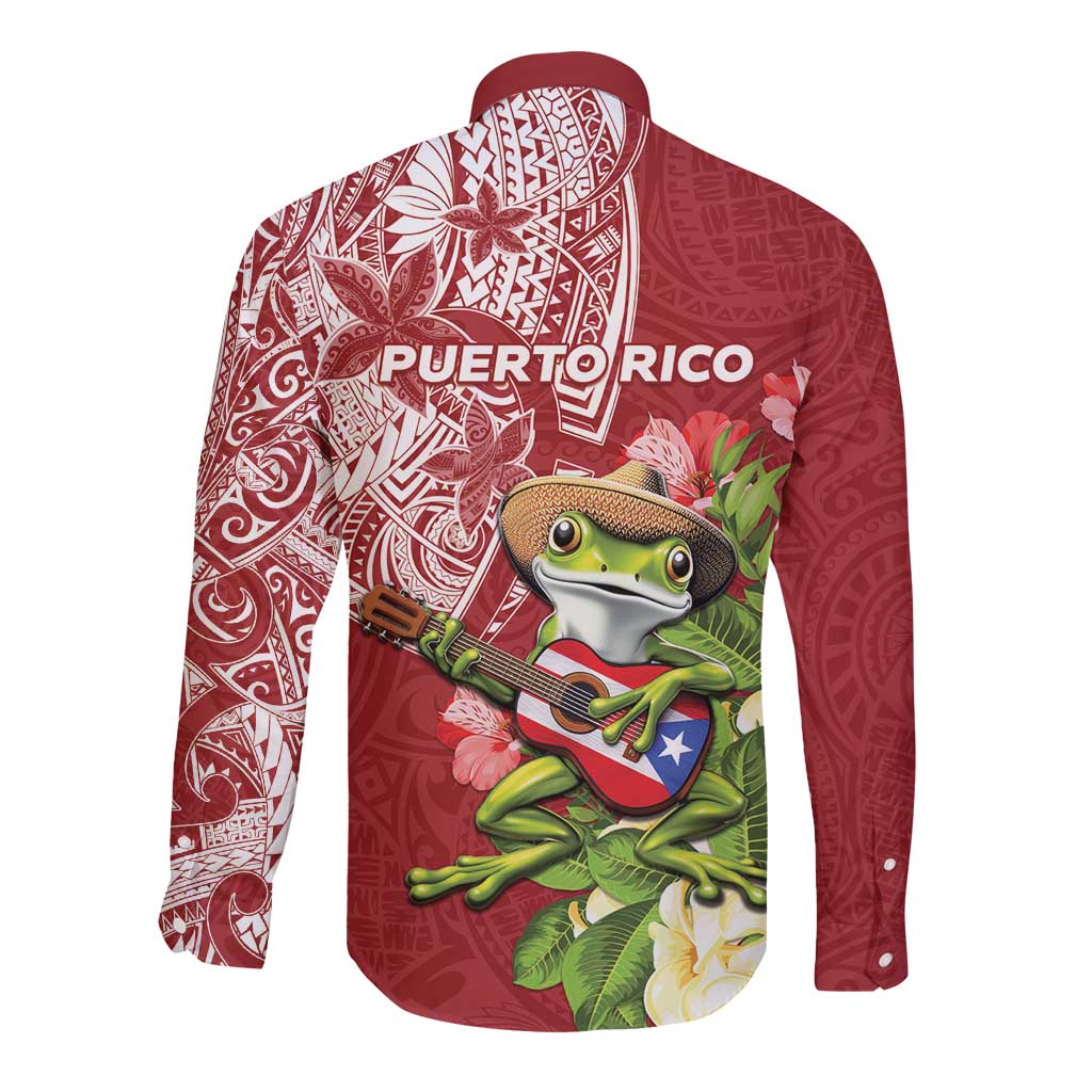 Puerto Rico Coqui Frog Long Sleeve Button Shirt Tropical Flowers Polynesian Style - Polynesian Pride