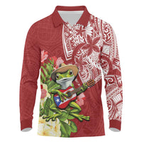 Puerto Rico Coqui Frog Long Sleeve Polo Shirt Tropical Flowers Polynesian Style - Polynesian Pride