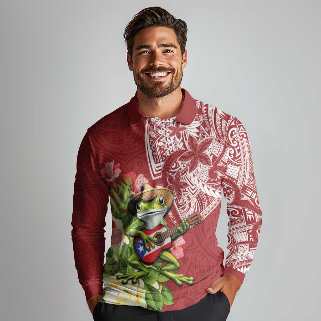 Puerto Rico Coqui Frog Long Sleeve Polo Shirt Tropical Flowers Polynesian Style - Polynesian Pride