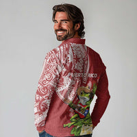 Puerto Rico Coqui Frog Long Sleeve Polo Shirt Tropical Flowers Polynesian Style - Polynesian Pride