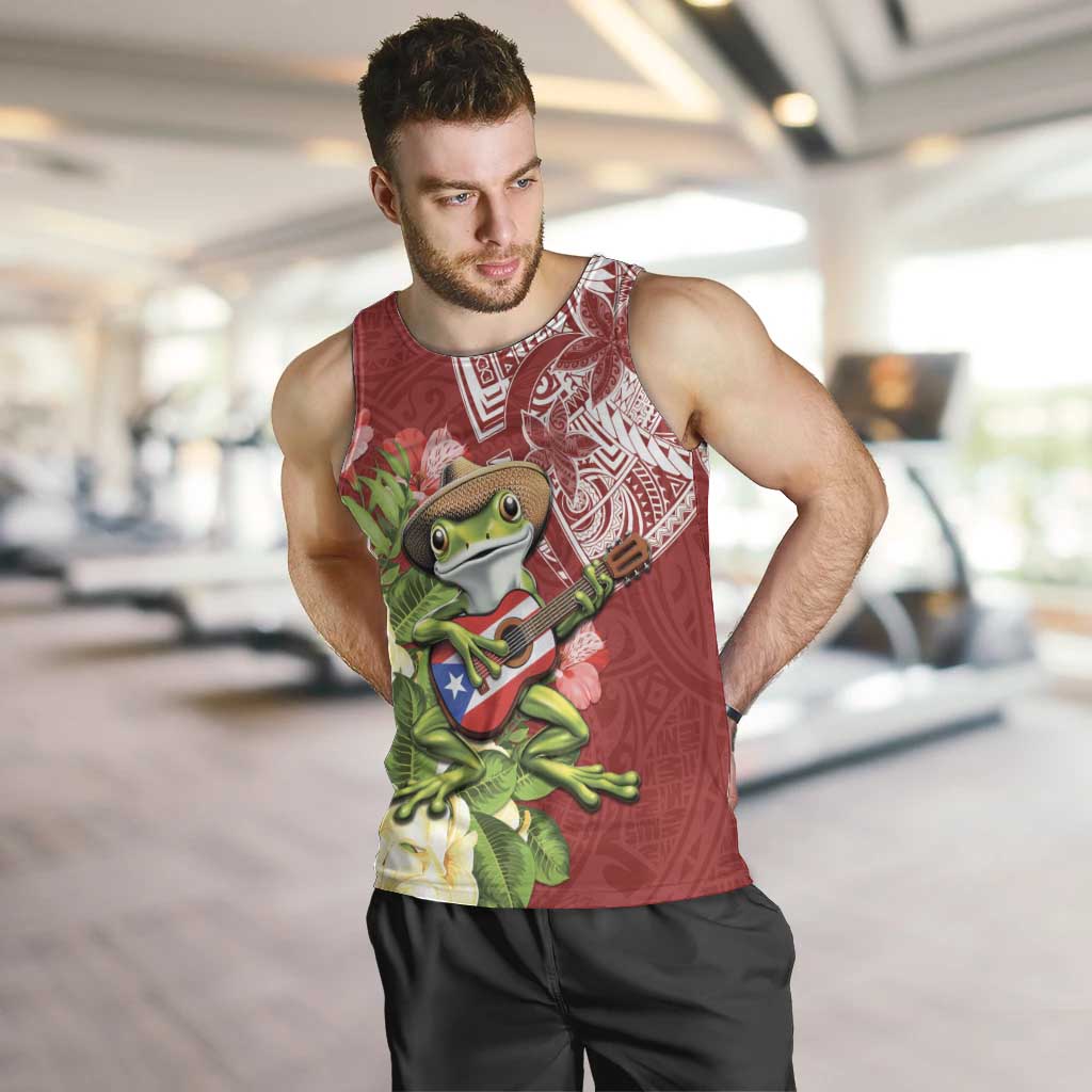Puerto Rico Coqui Frog Men Tank Top Tropical Flowers Polynesian Style - Polynesian Pride
