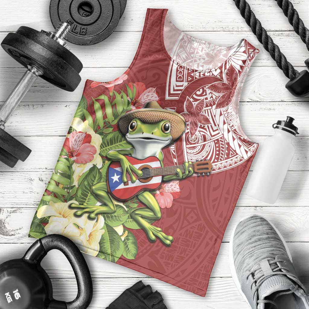 Puerto Rico Coqui Frog Men Tank Top Tropical Flowers Polynesian Style - Polynesian Pride