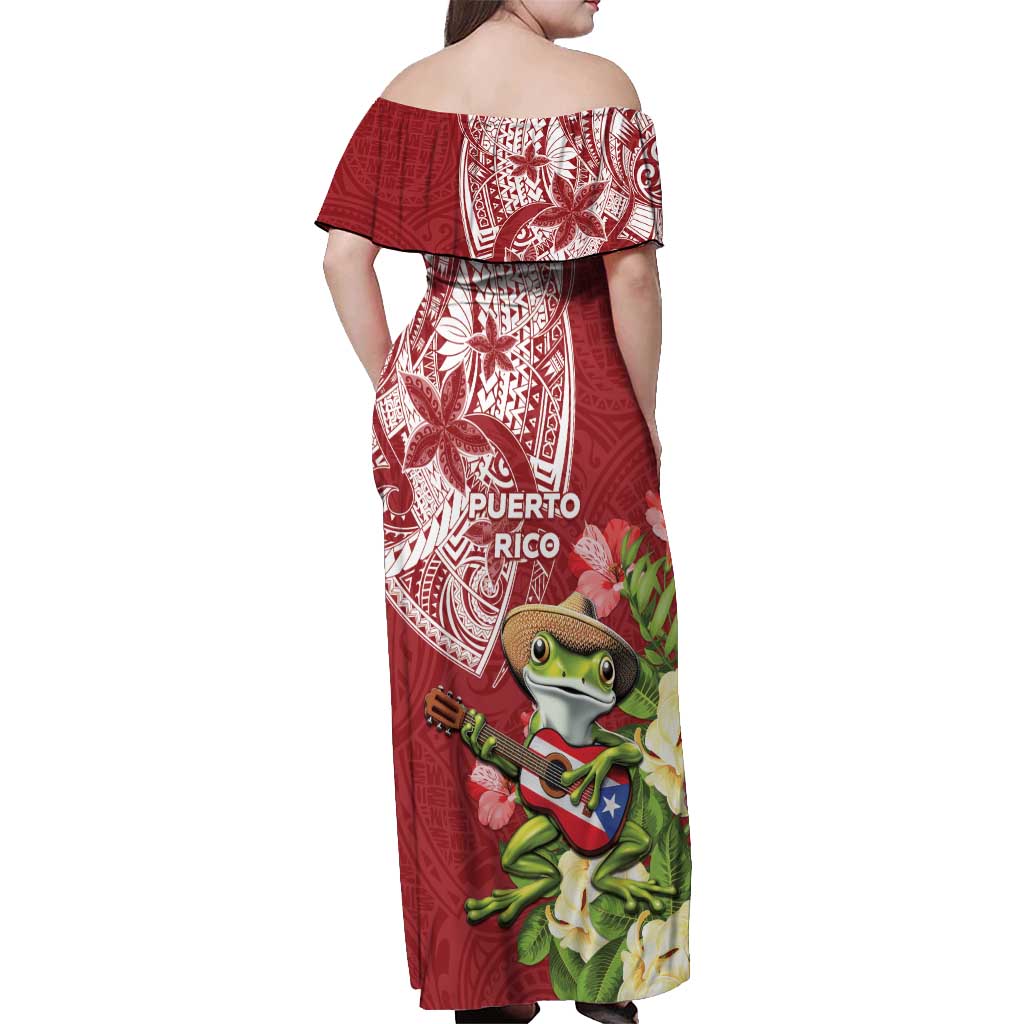 Puerto Rico Coqui Frog Off Shoulder Maxi Dress Tropical Flowers Polynesian Style - Polynesian Pride
