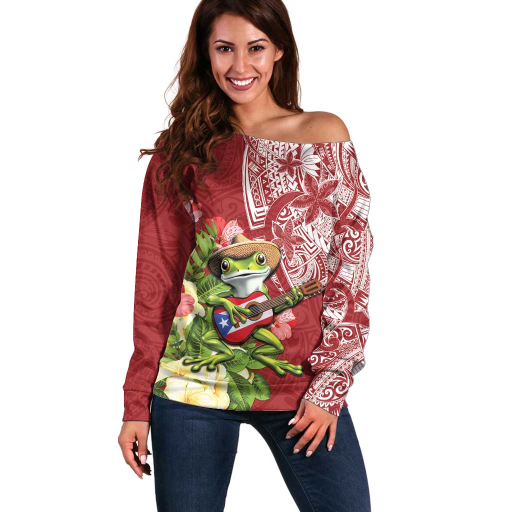 Puerto Rico Coqui Frog Off Shoulder Sweater Tropical Flowers Polynesian Style LT05 Women Red - Polynesian Pride