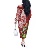 Puerto Rico Coqui Frog Off The Shoulder Long Sleeve Dress Tropical Flowers Polynesian Style - Polynesian Pride
