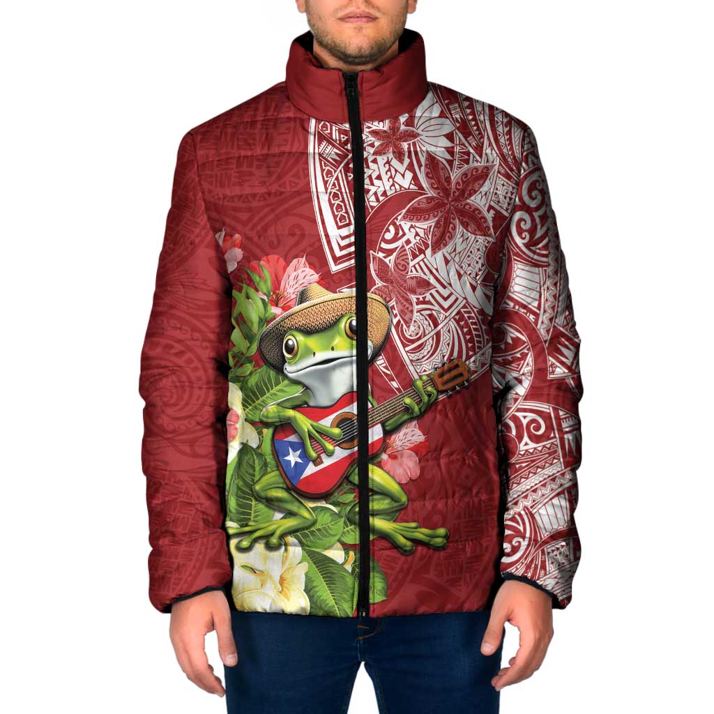 Puerto Rico Coqui Frog Padded Jacket Tropical Flowers Polynesian Style - Polynesian Pride