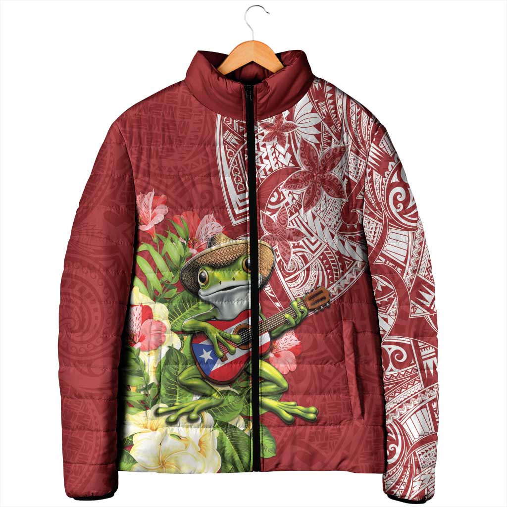 Puerto Rico Coqui Frog Padded Jacket Tropical Flowers Polynesian Style - Polynesian Pride
