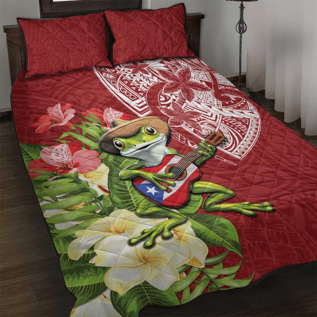 Puerto Rico Coqui Frog Quilt Bed Set Tropical Flowers Polynesian Style LT05 Red - Polynesian Pride