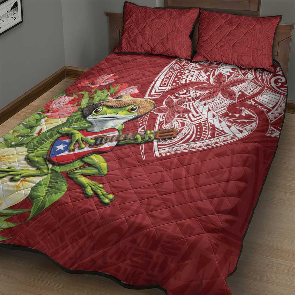 Puerto Rico Coqui Frog Quilt Bed Set Tropical Flowers Polynesian Style - Polynesian Pride