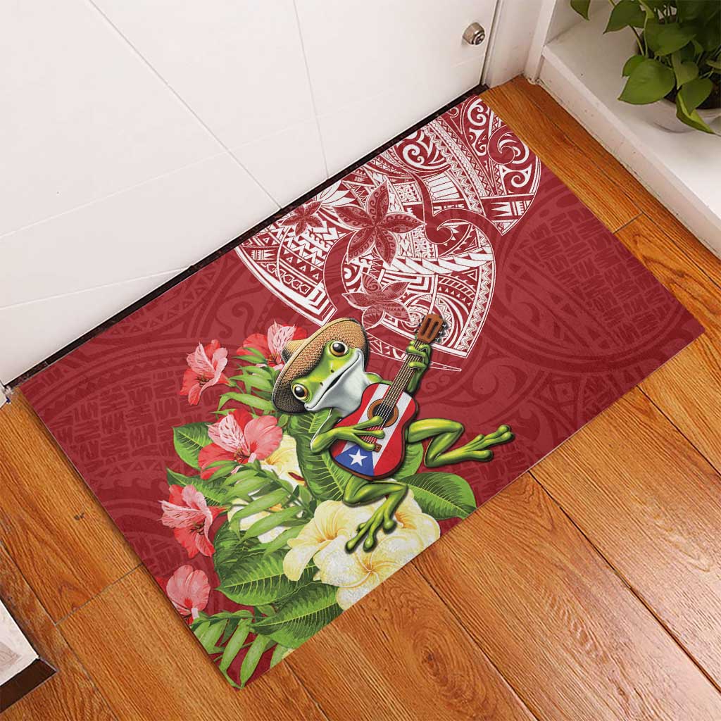 Puerto Rico Coqui Frog Rubber Doormat Tropical Flowers Polynesian Style - Polynesian Pride
