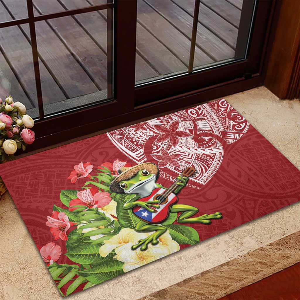 Puerto Rico Coqui Frog Rubber Doormat Tropical Flowers Polynesian Style - Polynesian Pride