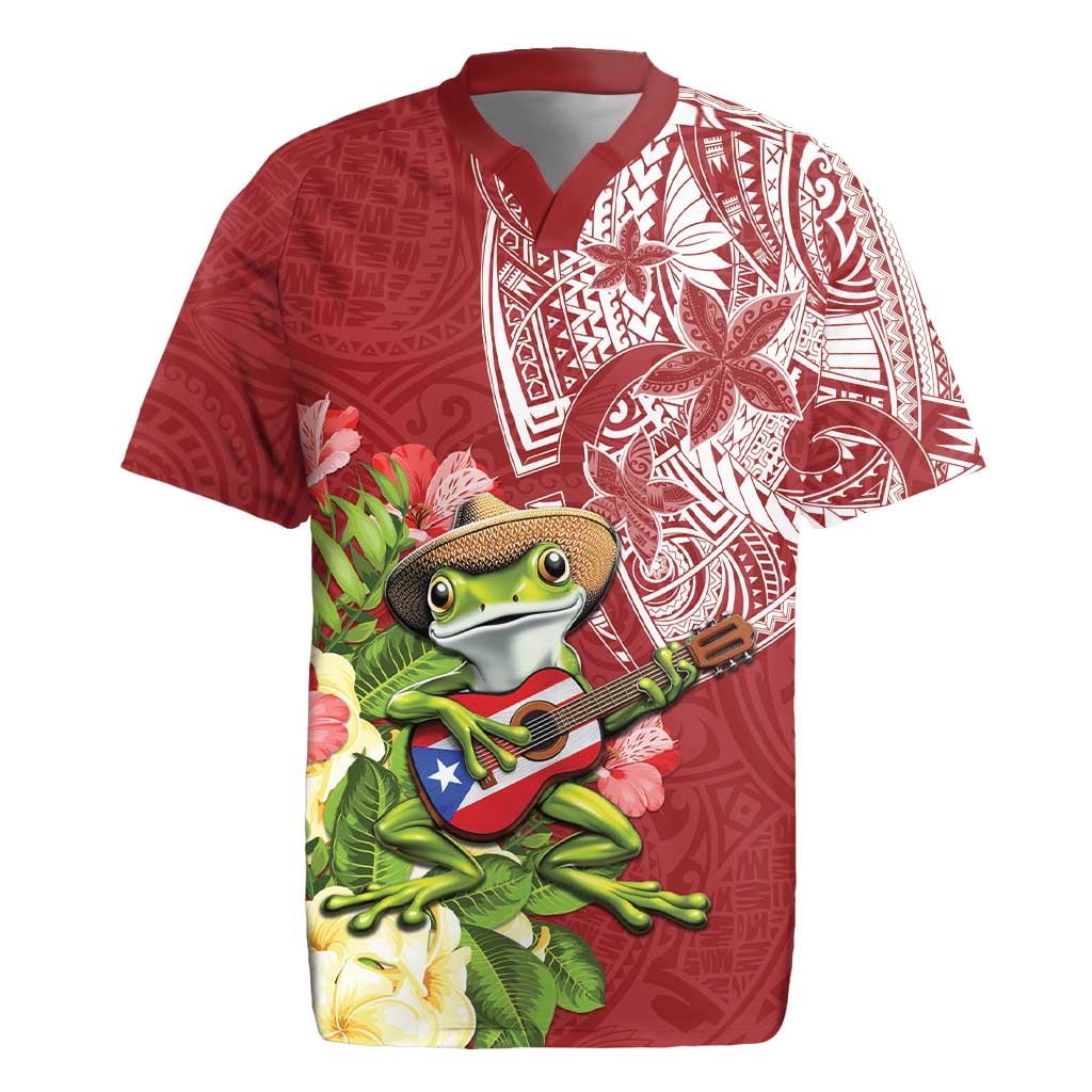 Puerto Rico Coqui Frog Rugby Jersey Tropical Flowers Polynesian Style - Polynesian Pride
