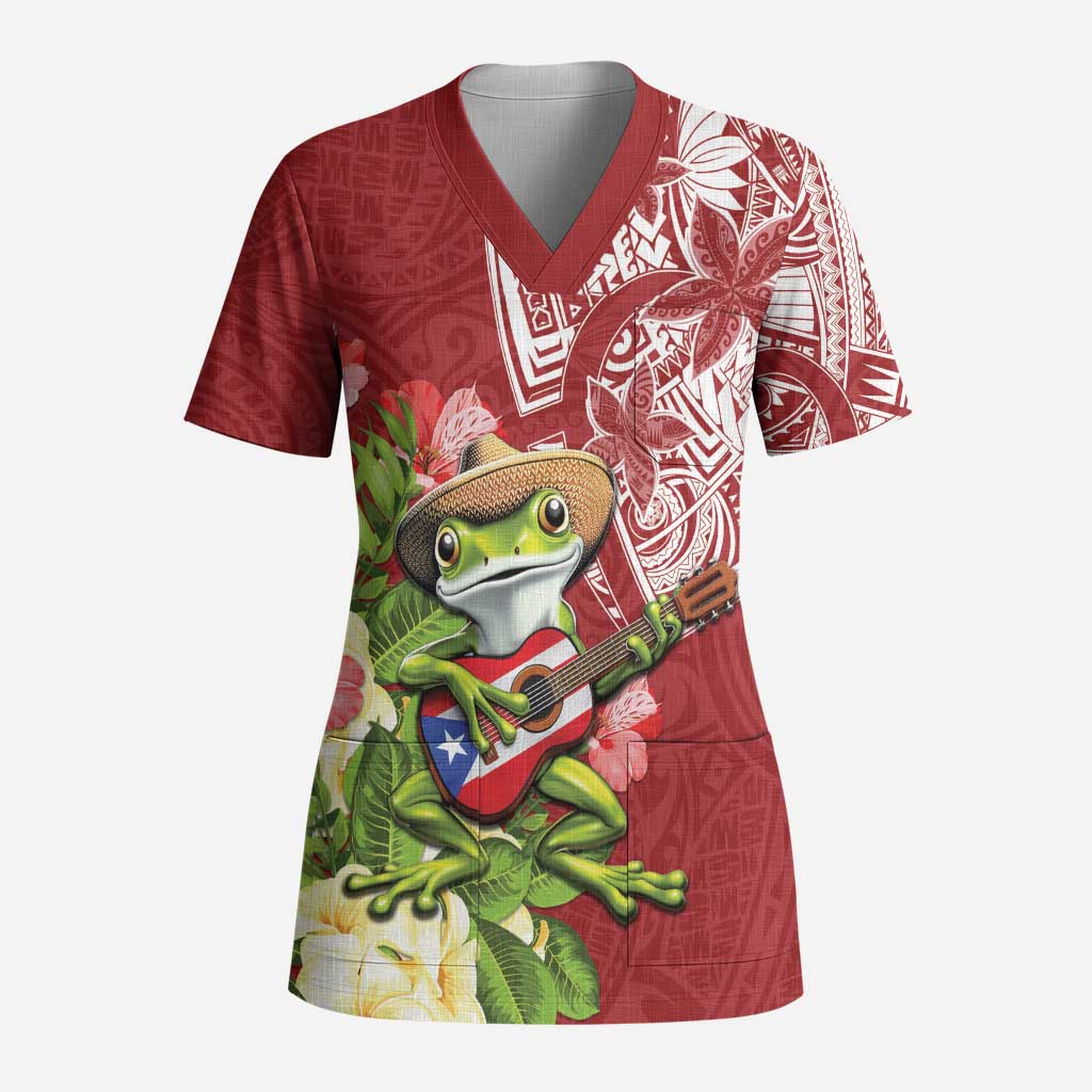 Puerto Rico Coqui Frog Scrub Top Tropical Flowers Polynesian Style - Polynesian Pride