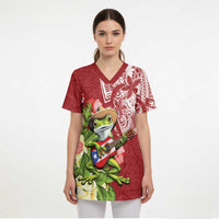 Puerto Rico Coqui Frog Scrub Top Tropical Flowers Polynesian Style - Polynesian Pride
