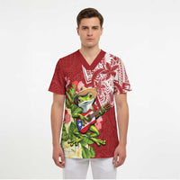 Puerto Rico Coqui Frog Scrub Top Tropical Flowers Polynesian Style - Polynesian Pride