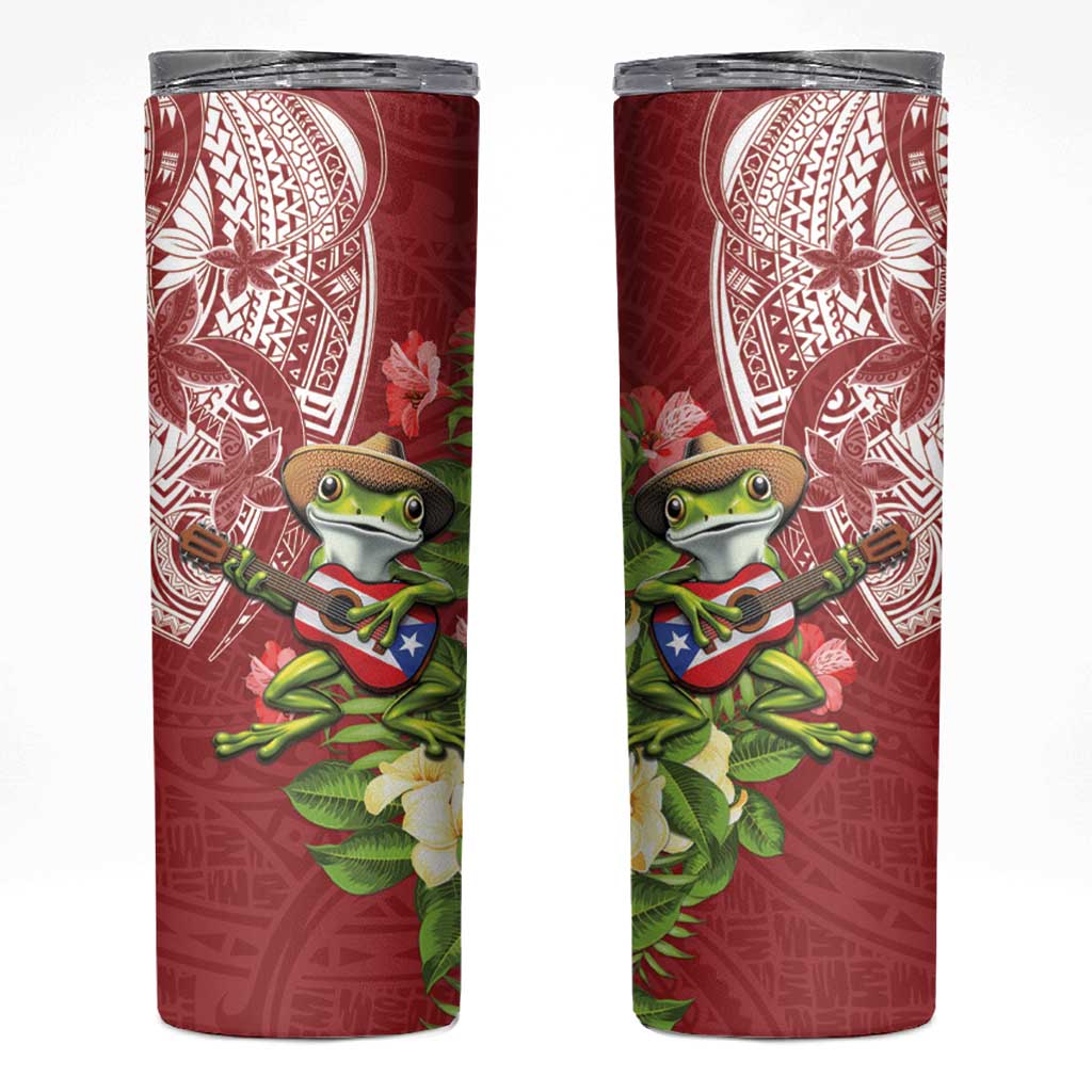 Puerto Rico Coqui Frog Skinny Tumbler Tropical Flowers Polynesian Style - Polynesian Pride
