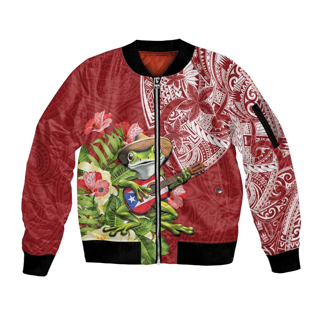 Puerto Rico Coqui Frog Sleeve Zip Bomber Jacket Tropical Flowers Polynesian Style LT05 Unisex Red - Polynesian Pride