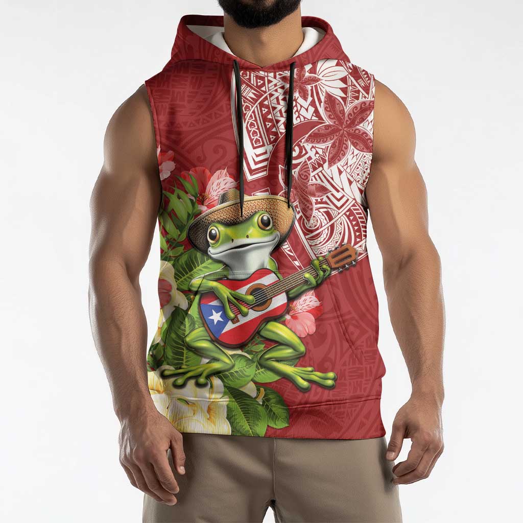 Puerto Rico Coqui Frog Sleeveless Hoodie Tropical Flowers Polynesian Style - Polynesian Pride