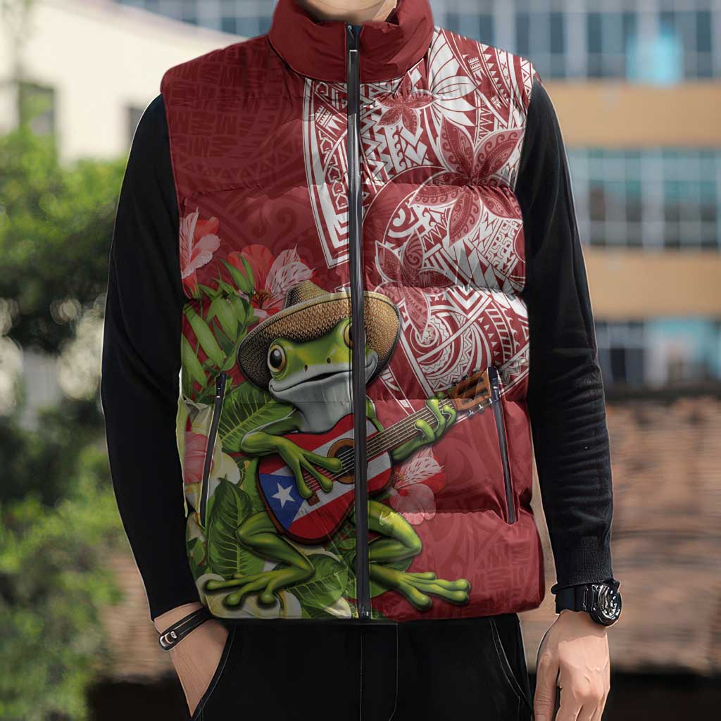 Puerto Rico Coqui Frog Sleeveless Puffer Jacket Tropical Flowers Polynesian Style - Polynesian Pride