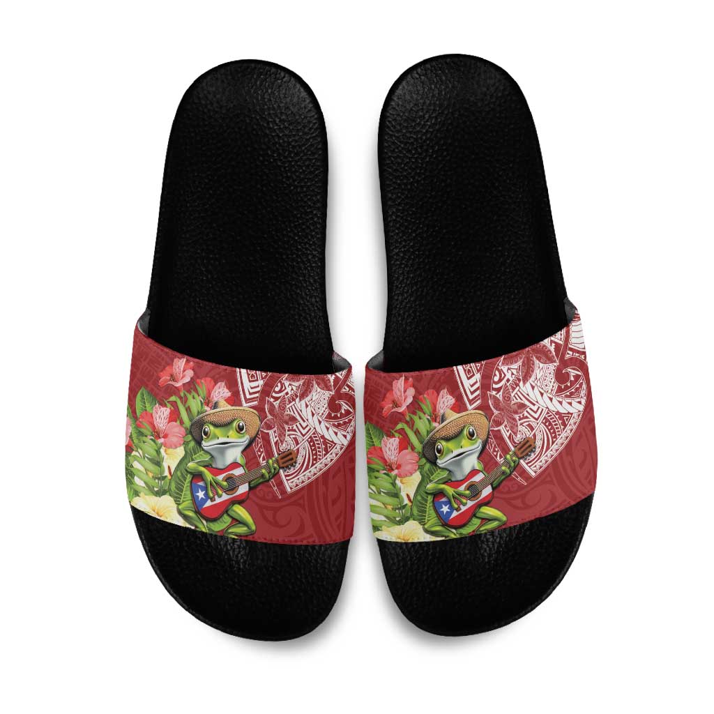 Puerto Rico Coqui Frog Slide Sandals Tropical Flowers Polynesian Style LT05 Red - Polynesian Pride