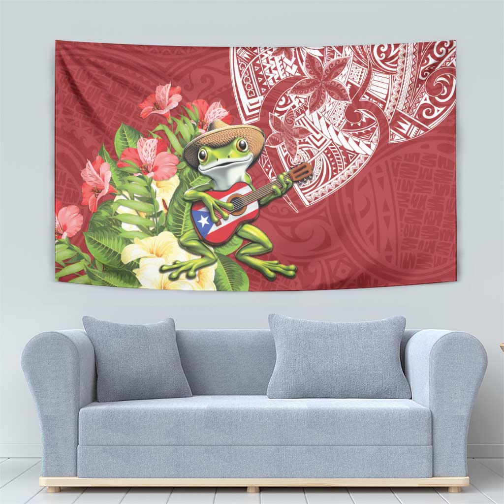 Puerto Rico Coqui Frog Tapestry Tropical Flowers Polynesian Style - Polynesian Pride