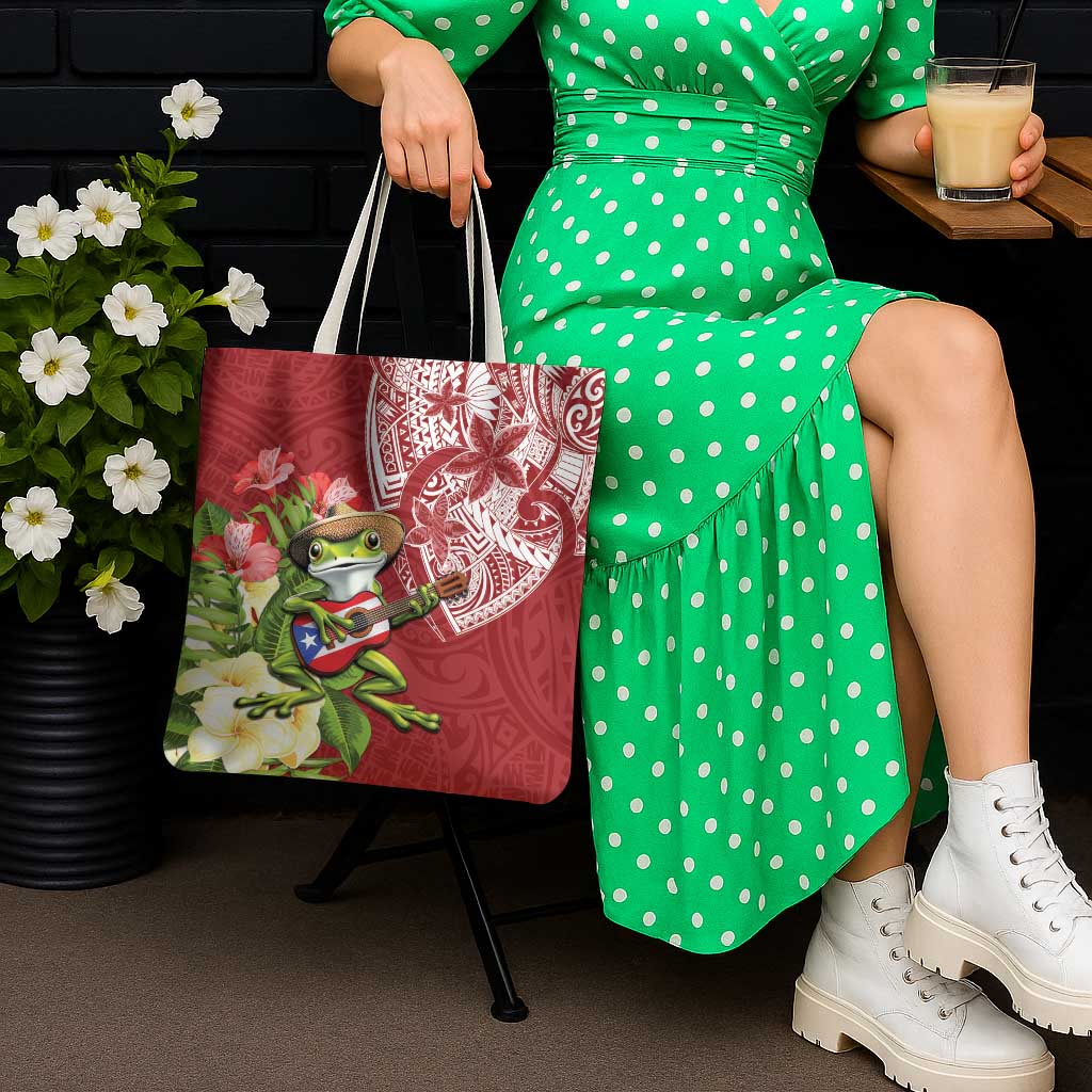 Puerto Rico Coqui Frog Tote Bag Tropical Flowers Polynesian Style - Polynesian Pride