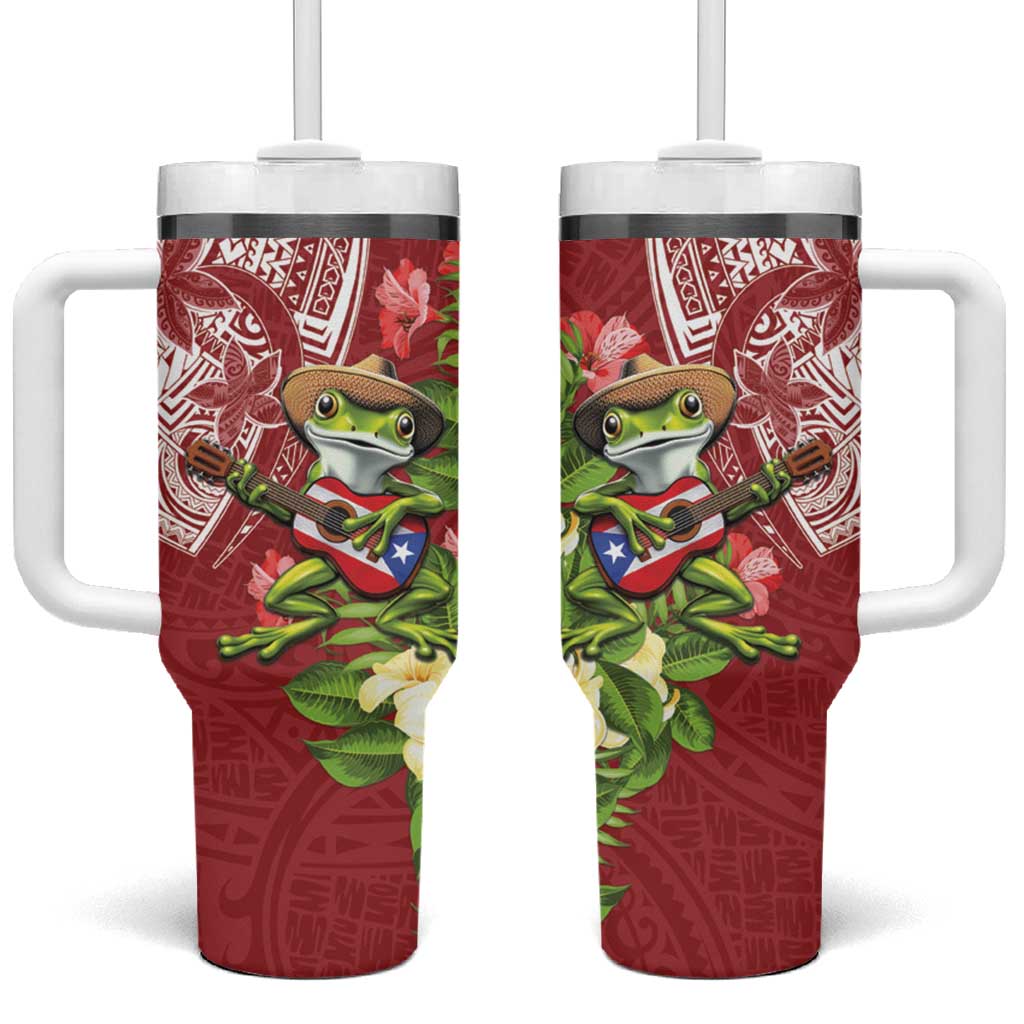 Puerto Rico Coqui Frog Tumbler With Handle Tropical Flowers Polynesian Style - Polynesian Pride