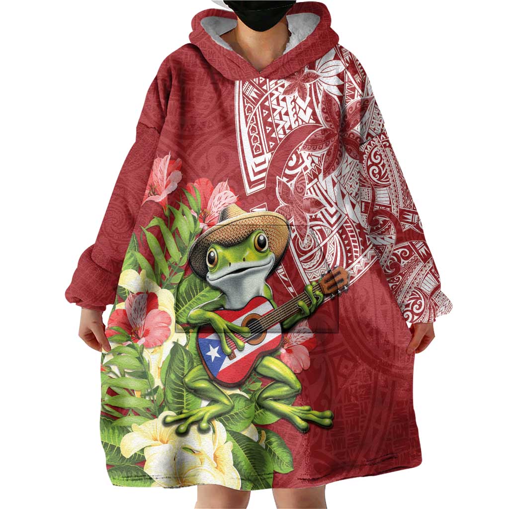 Puerto Rico Coqui Frog Wearable Blanket Hoodie Tropical Flowers Polynesian Style - Polynesian Pride