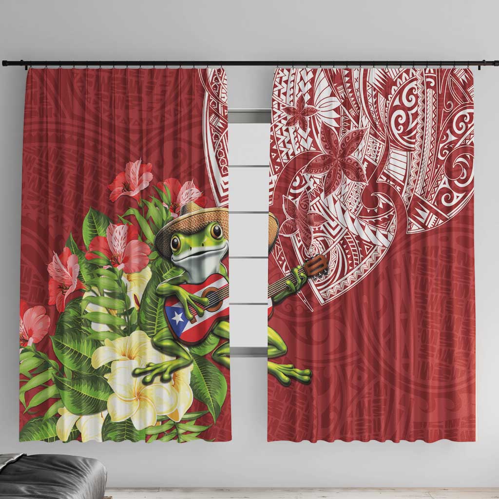 Puerto Rico Coqui Frog Window Curtain Tropical Flowers Polynesian Style LT05 With Hooks Red - Polynesian Pride
