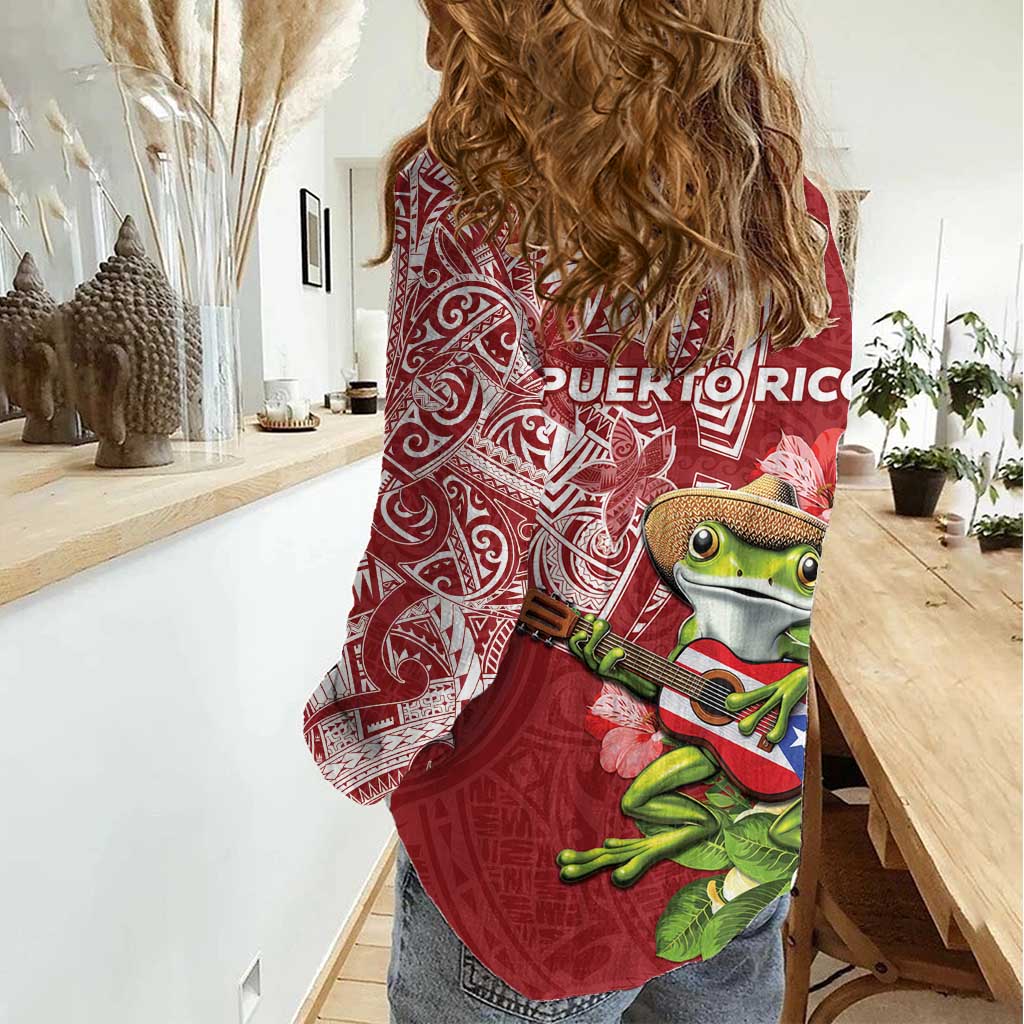 Puerto Rico Coqui Frog Women Casual Shirt Tropical Flowers Polynesian Style - Polynesian Pride