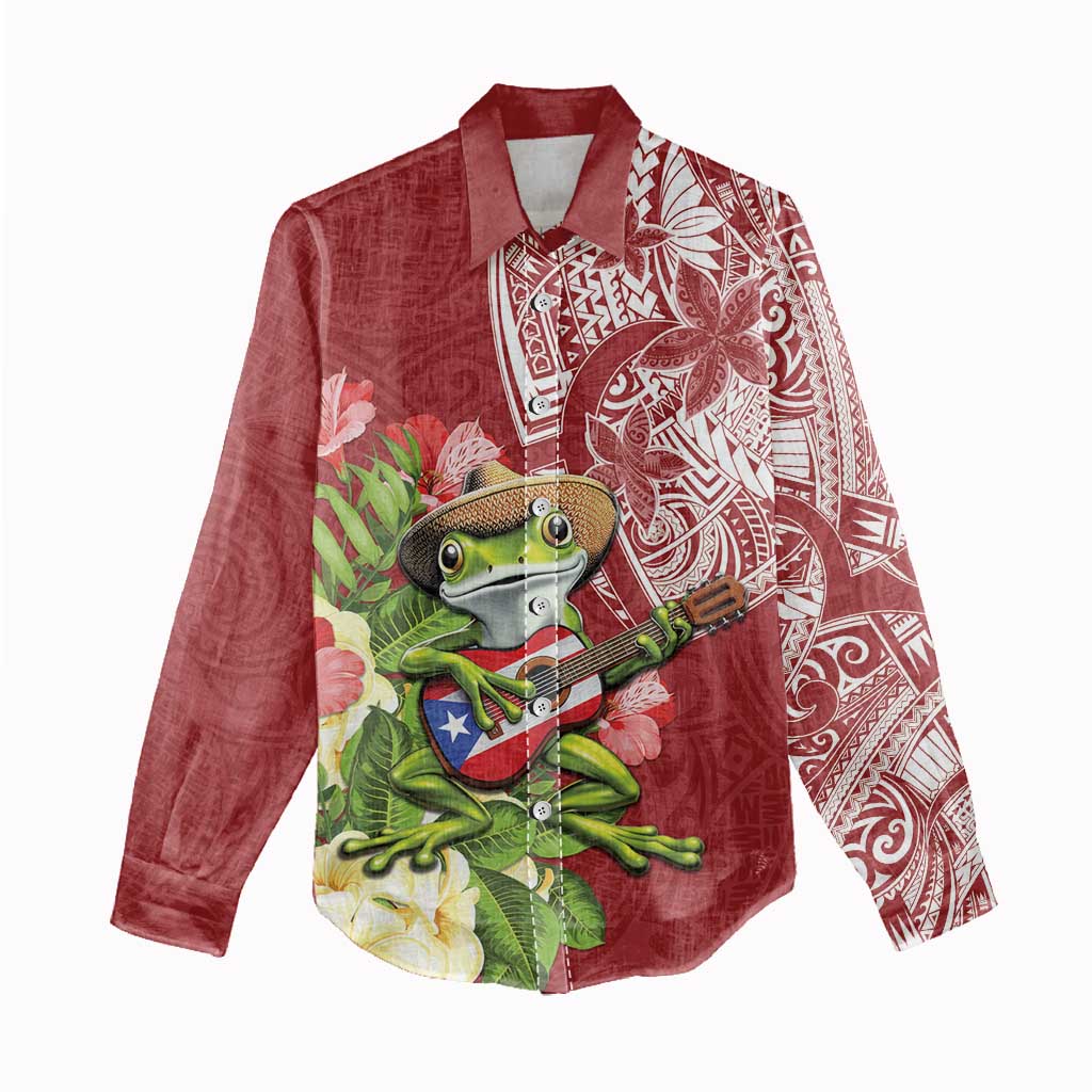Puerto Rico Coqui Frog Women Casual Shirt Tropical Flowers Polynesian Style - Polynesian Pride