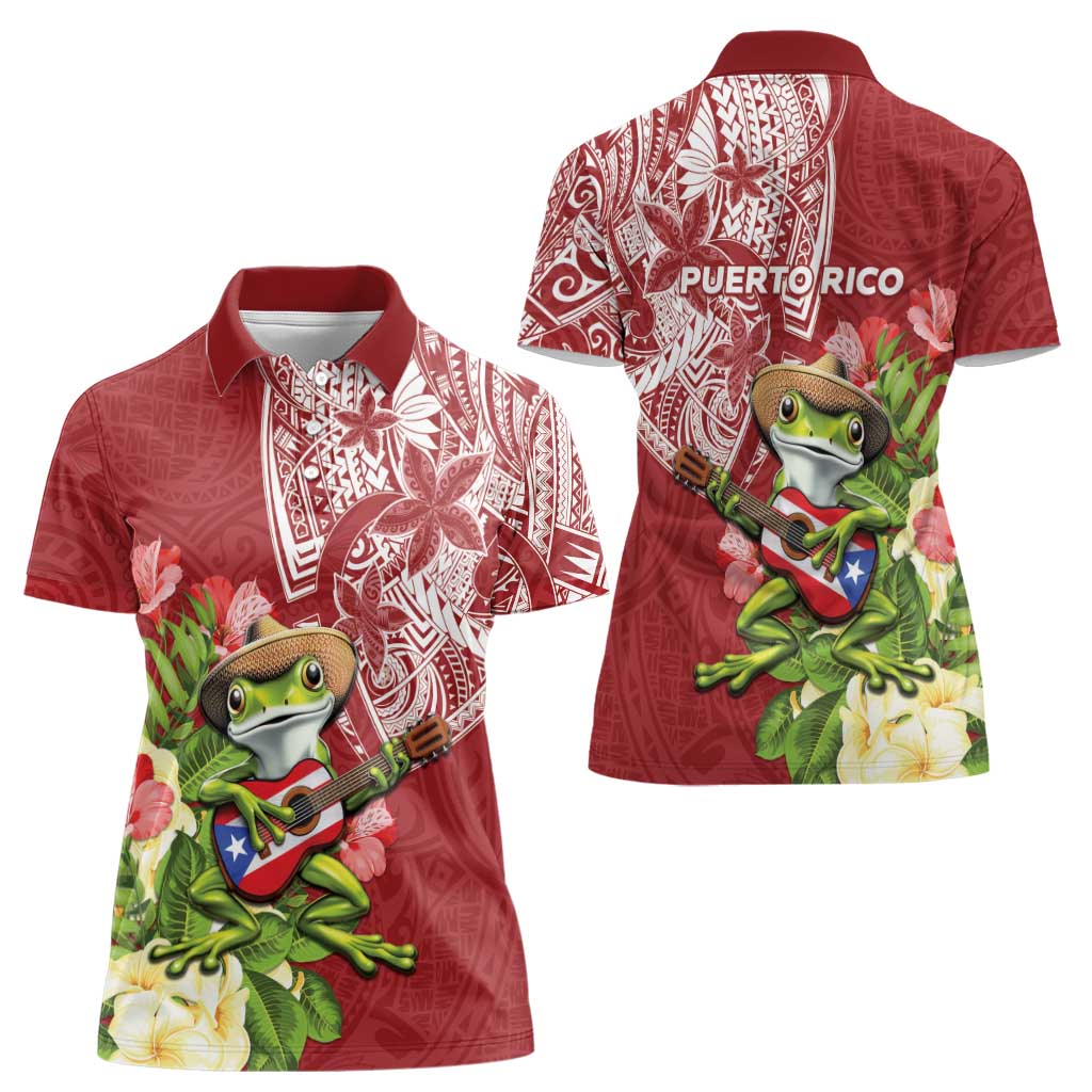 Puerto Rico Coqui Frog Women Polo Shirt Tropical Flowers Polynesian Style - Polynesian Pride