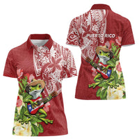 Puerto Rico Coqui Frog Women Polo Shirt Tropical Flowers Polynesian Style - Polynesian Pride