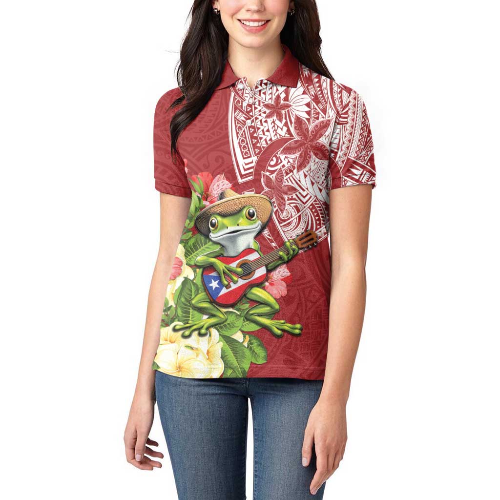 Puerto Rico Coqui Frog Women Polo Shirt Tropical Flowers Polynesian Style - Polynesian Pride