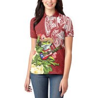 Puerto Rico Coqui Frog Women Polo Shirt Tropical Flowers Polynesian Style - Polynesian Pride