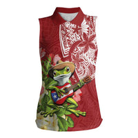 Puerto Rico Coqui Frog Women Sleeveless Polo Shirt Tropical Flowers Polynesian Style - Polynesian Pride