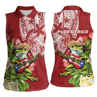 Puerto Rico Coqui Frog Women Sleeveless Polo Shirt Tropical Flowers Polynesian Style - Polynesian Pride