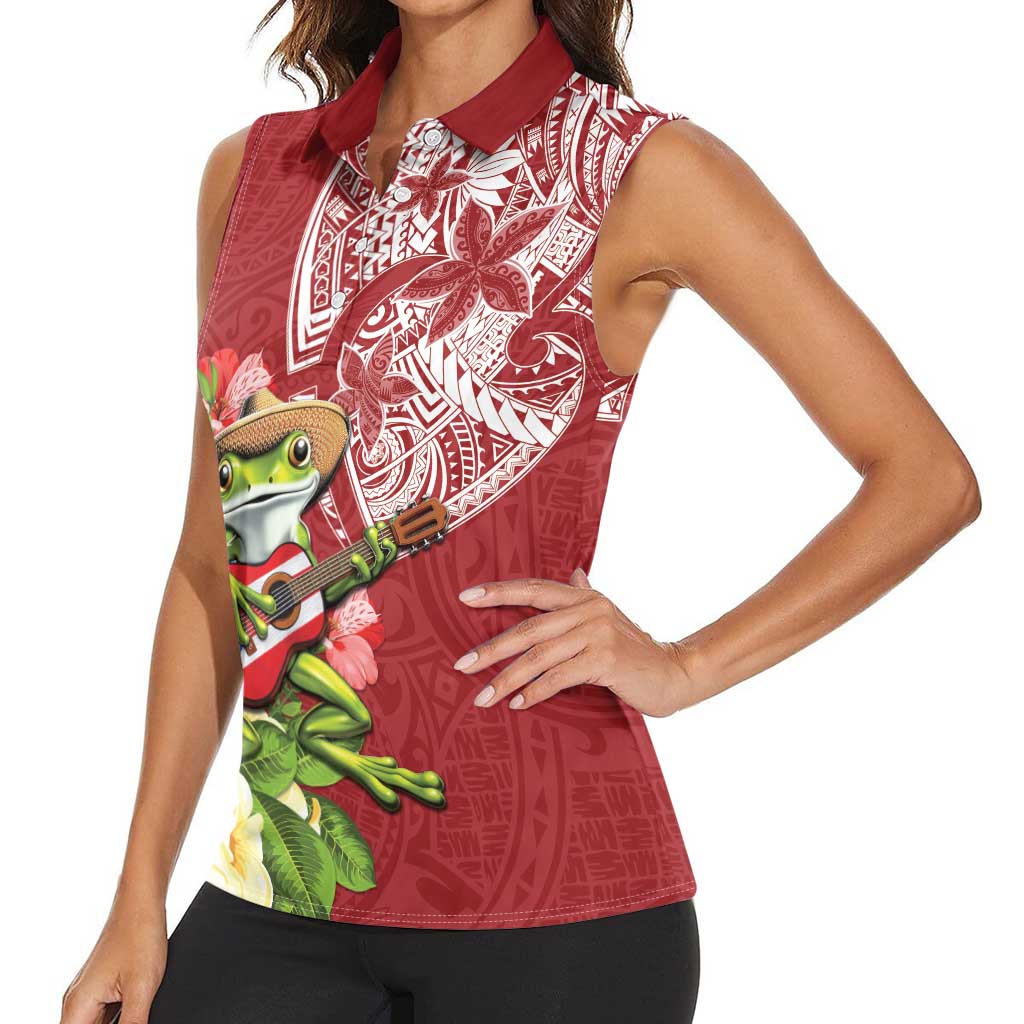 Puerto Rico Coqui Frog Women Sleeveless Polo Shirt Tropical Flowers Polynesian Style - Polynesian Pride