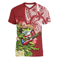 Puerto Rico Coqui Frog Women V-Neck T-Shirt Tropical Flowers Polynesian Style - Polynesian Pride