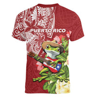 Puerto Rico Coqui Frog Women V-Neck T-Shirt Tropical Flowers Polynesian Style - Polynesian Pride