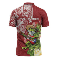 Puerto Rico Coqui Frog Zipper Polo Shirt Tropical Flowers Polynesian Style - Polynesian Pride