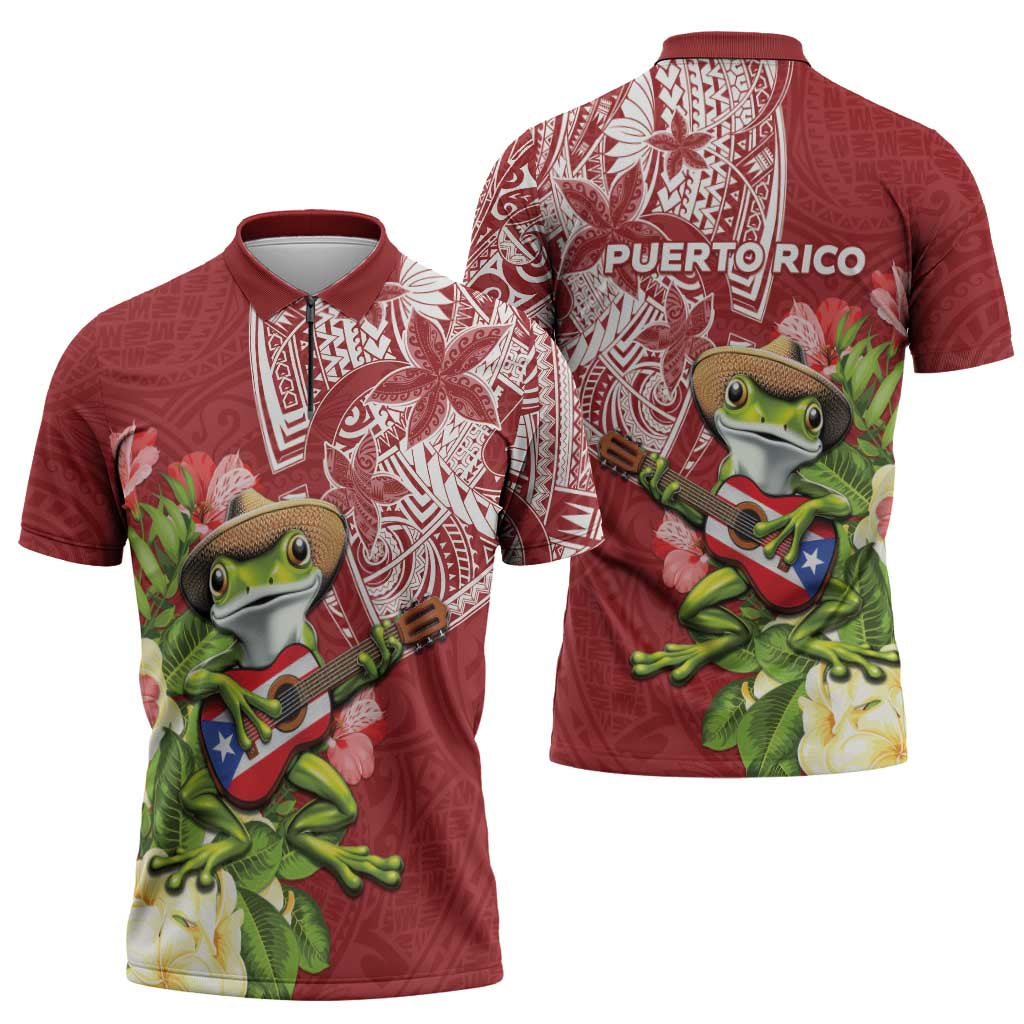 Puerto Rico Coqui Frog Zipper Polo Shirt Tropical Flowers Polynesian Style - Polynesian Pride
